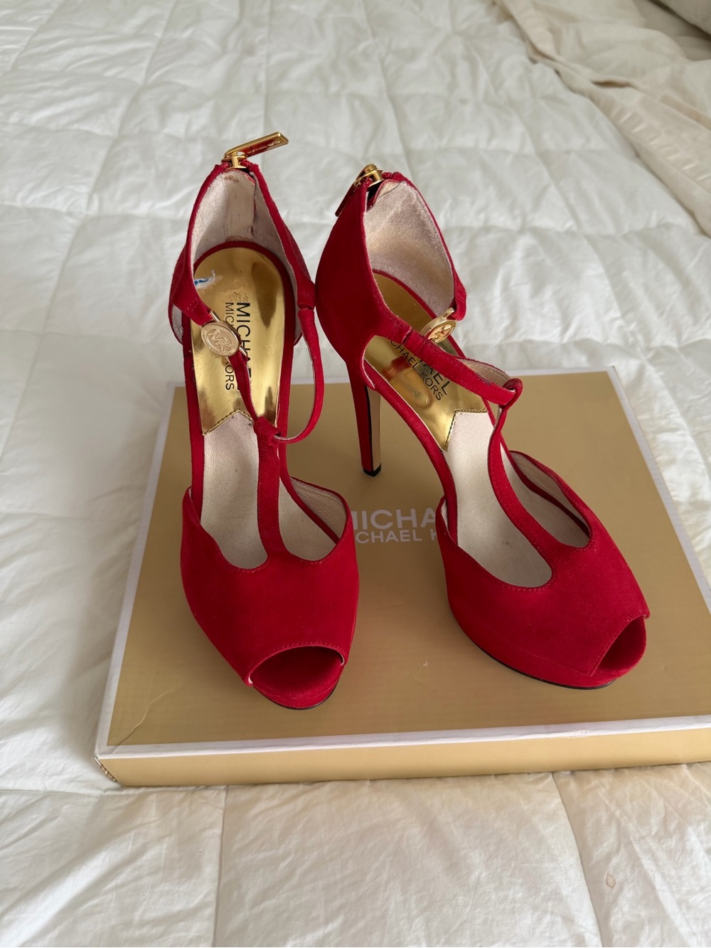 Michael Kors Red Suede Peep-Toe T-Strap Stilettos